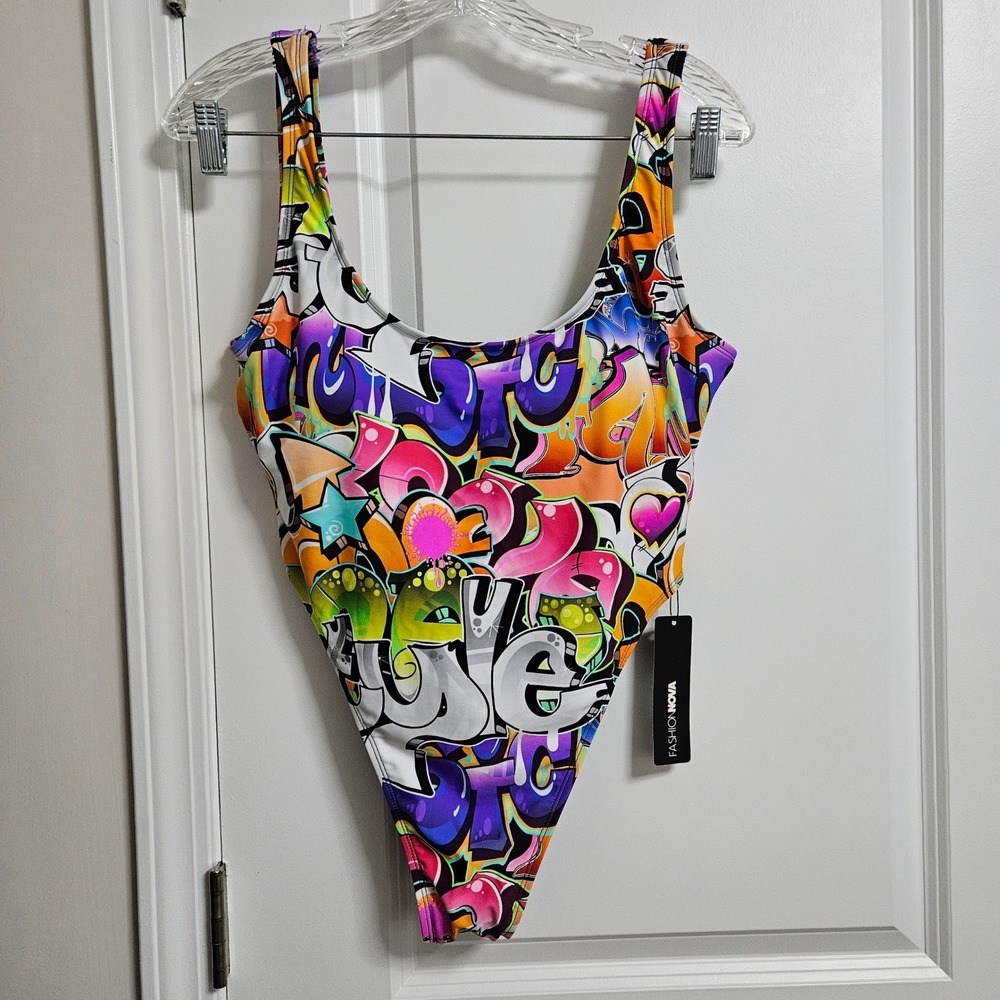 NWT Fashion Nova Swimsuit Women Lg Multicolor Not That Graffiti 1 Piece High Leg - Picture 2 of 12